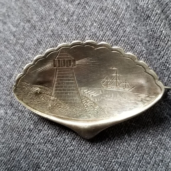 Antique brooch Victorian lighthouse and ship Sterling Silver seashell mermaid - Picture 4 of 16